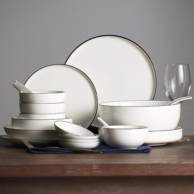 Fine Dinnerware Sets,Dinner Plate Ceramics Dinner Sets, Bowl/Dish/Spoon Pure White Black Line Porcelain Combination Set
