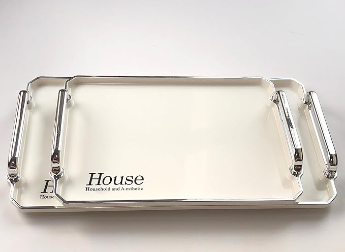 Generic Decorative Tray 2 Packs Large Serving Trays for Coffee Table, Rectangular Coffee Table Tray White Ottoman Tray Living Room Decor Tray with Handles Length 12'' and 16'', HWTP02-US