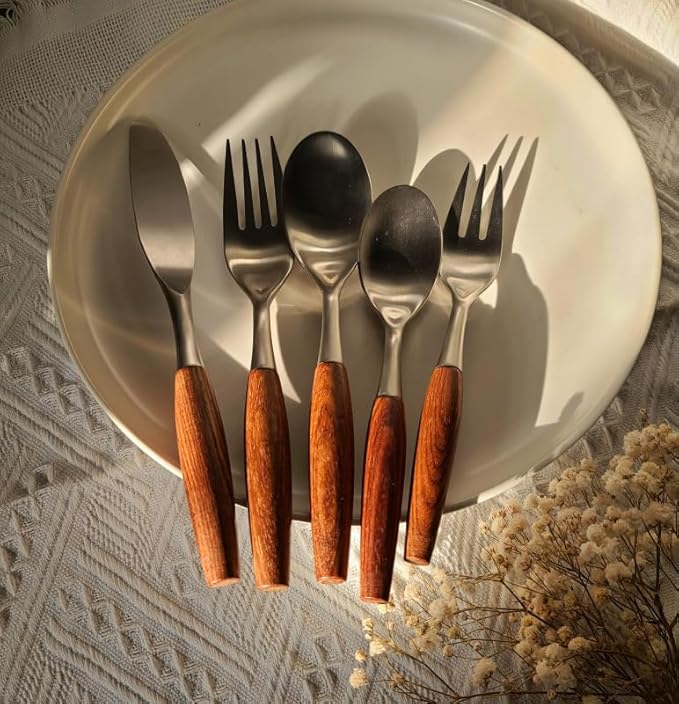 Silverware Flatware Cutlery Set, 5/20/30/40 Pieces Wooden Handle 304 Stainless Steel Table Knives, Forks And Spoons, Home Tableware, Restaurant Tableware(5 Pieces for 1)