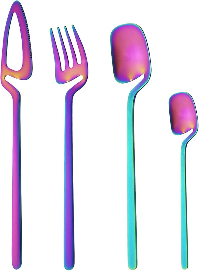 24-Pieces Hangable & Cute 18/10 Stainless Steel Flatware Set, Matte Cutlery Set Kitchen Dinnerware Include Knife/Fork/Spoon/Teaspoon Service for 6, Rainbow