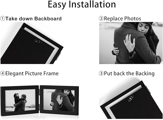 5X7 Double Wooden Hinged Picture Frame Vertical and Horizontal in Black, Display 4x6 with Mat or 5x7 without Mat, Folding Photo Frame with Real Glass Front for Tabletop P-HEI-SH57