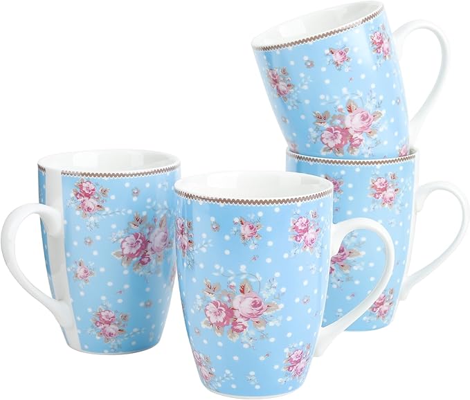 fanquare 10 Ounce Blue Floral Polka Dot Mug Set of 4, Ceramic Coffee/Tea Mugs with Pink Flower Pattern, Cute Drinkware for Home Office, Microwave & Dishwasher Safe