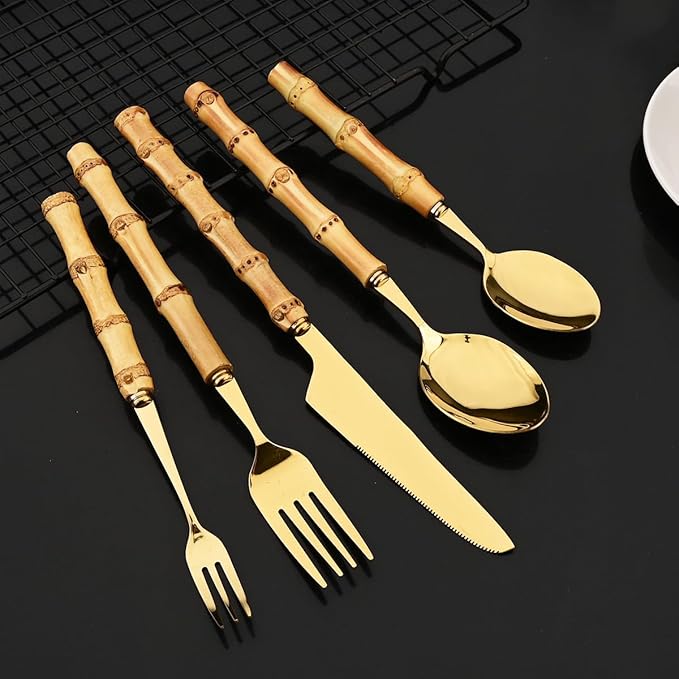 JASHII 20-piece Gold Stainless Steel Flatware Cutlery Set Silverware Knife Fork Spoon Set Bamboo Handle Dishwasher Safe for Dinner Buffet