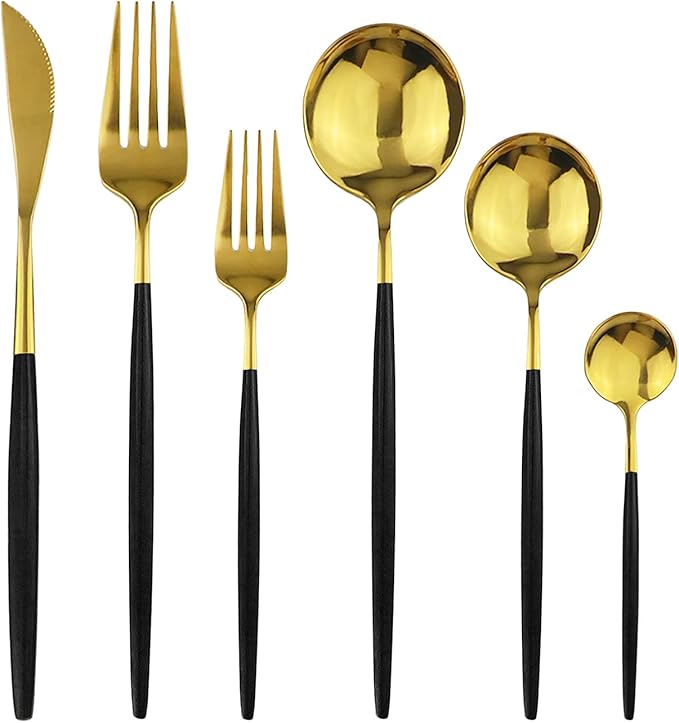 36-Pieces Silverware Mirror Polished Dinnerware Gold Flatware With Black Handle, 18/0 Stainless Steel Cutlery Set For Home Kitchen Party Hotel Restaurant Wedding Service for 6