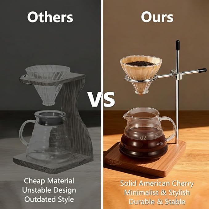 Pour Over Coffee Stand with Solid Cherry Base, Adjustable Coffee Dripper Stand, Wooden Brewing Station, Cone Holder, Elegant Gift for Brew Enthusiasts, Home Barista & Kitchen Décor