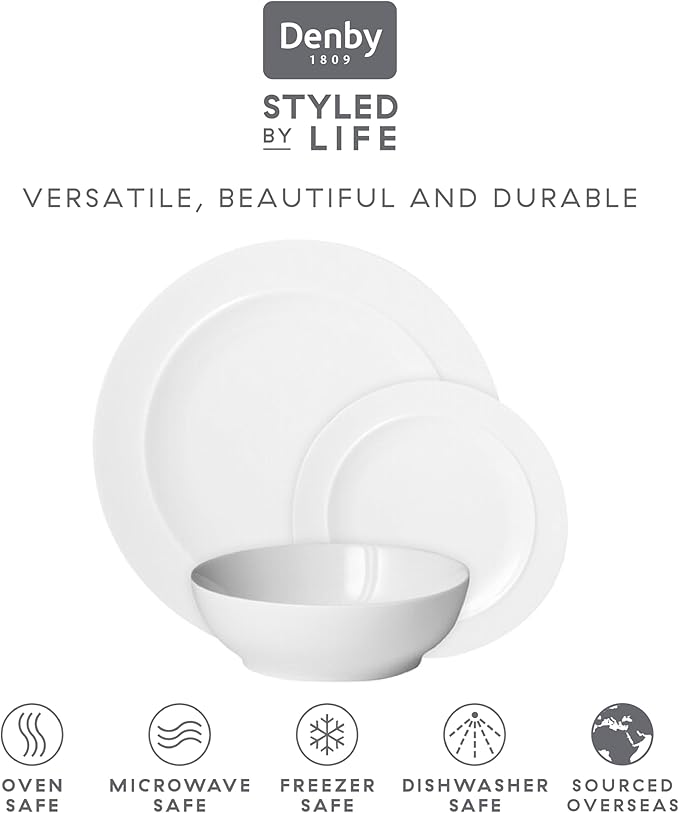 Denby - White By Denby Dinner Set For 4-12 Piece Tableware Set - Fine Porcelain Dinnerware Set - Dishwasher Microwave Oven Safe, Scratch Resistant - 4 x Dinner Plates, Small Plates & Cereal Bowls