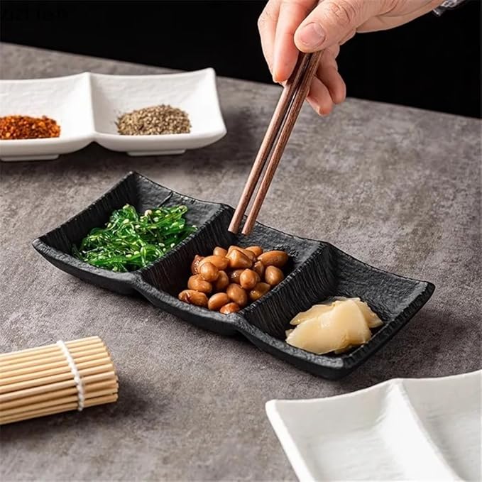 Appetizer Plates Matte Ceramic Seasoning Dish Soy Sauce Vinegar Dish Dessert Plate Sushi Plate 3 Grids Snack Plate for Condiment(Black,Large)