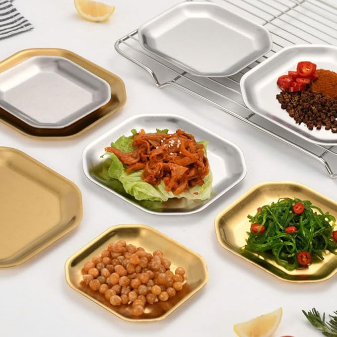 Uonlytech Stainless Steel Octagonal Snack Plates 12cm Gold Korean Style Pickle Dish Small Appetizer Plates 2pcs Set for Household Tableware and Party Serving