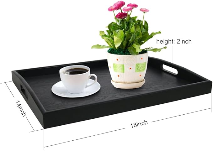 DILLMAN Serving Tray Large Black Wood Rectangle Food Tray Butler Tray Breakfast Tray with Handles (Large)