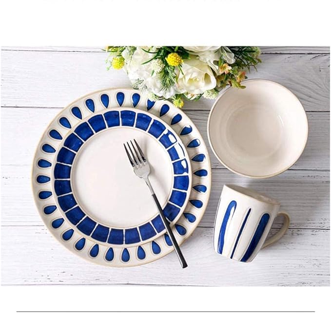 Fine Dinnerware Set,4 Pieces Blue White Ceramic Dinner Set Porcelain Mug Plate Bowl - Tableware