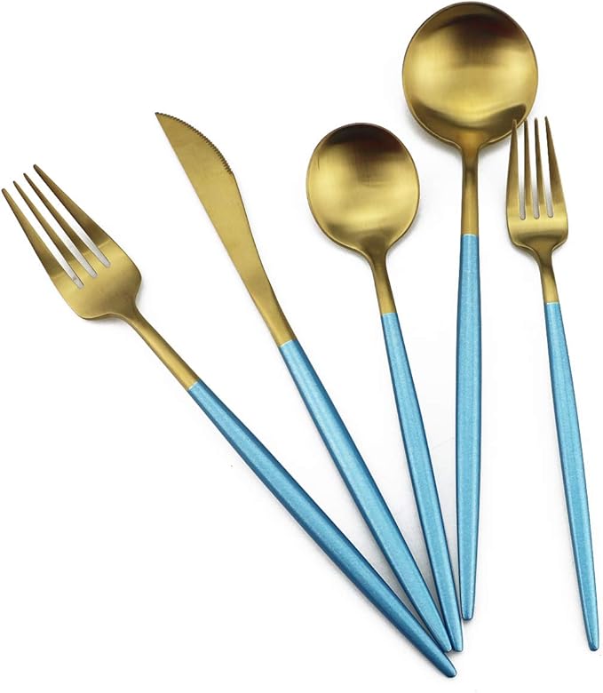 Gugrida Blue Gold Flatware, Royal 5 Piece Matte Blue Handle 18/10 Stainless Steel Tableware Sets for 1 Including Forks Spoons Knives, Camping Silverware Travel Utensils Set Cutlery (Blue Gold)