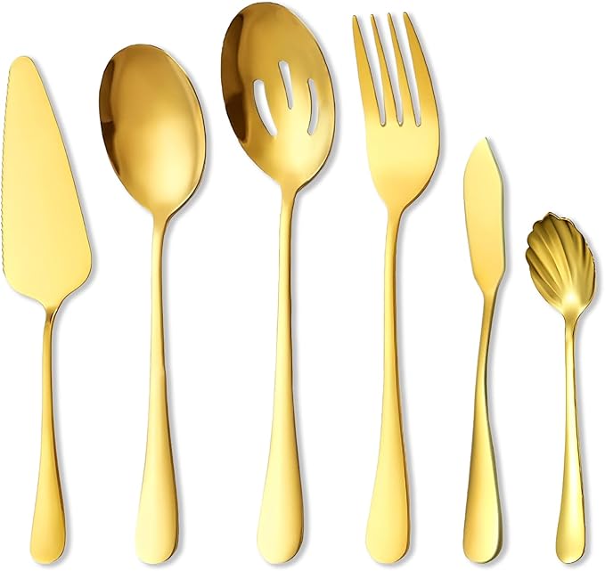 6Pcs Gold Serving Utensils Set Stainless Steel Kitchen Utensils Include Cake Server,Cold Meat Fork, Slotted Serving Spoon, Serving Spoon, Butter Knife Soup Ladle