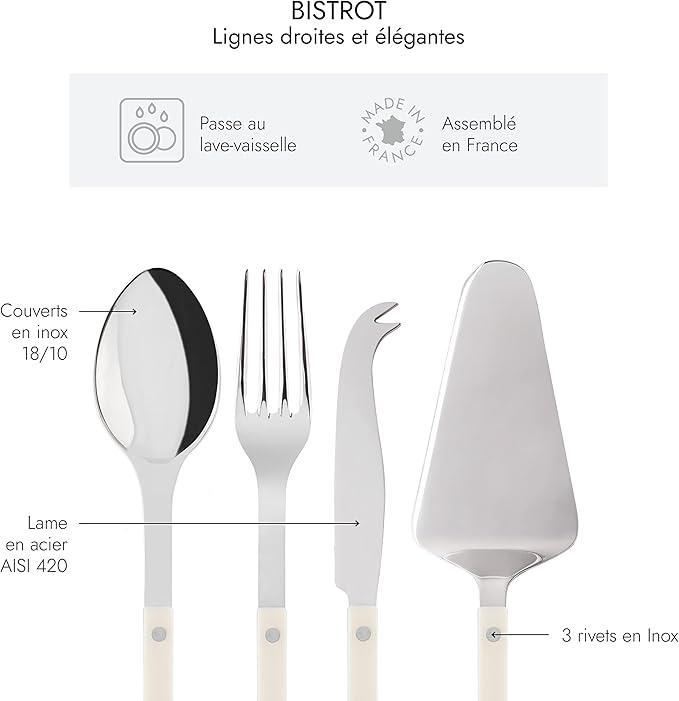 SABRE PARIS - 4-Piece Serving Set - Bistrot Collection - 2 Serving Flatware, Serrated Pie Server, Large Cheese Knife - Stainless Steel & Nylon - Dishwasher Safe - Ivory - Brilliant Finish