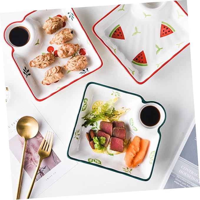 ABOOFAN Japanese Ceramic Divided Dumpling Dish Sauce Holder Hand-Painted Square Plate for Fruits and Dipping Multi-Use Serving Tray for Entertaining and Everyday Meals Random Style