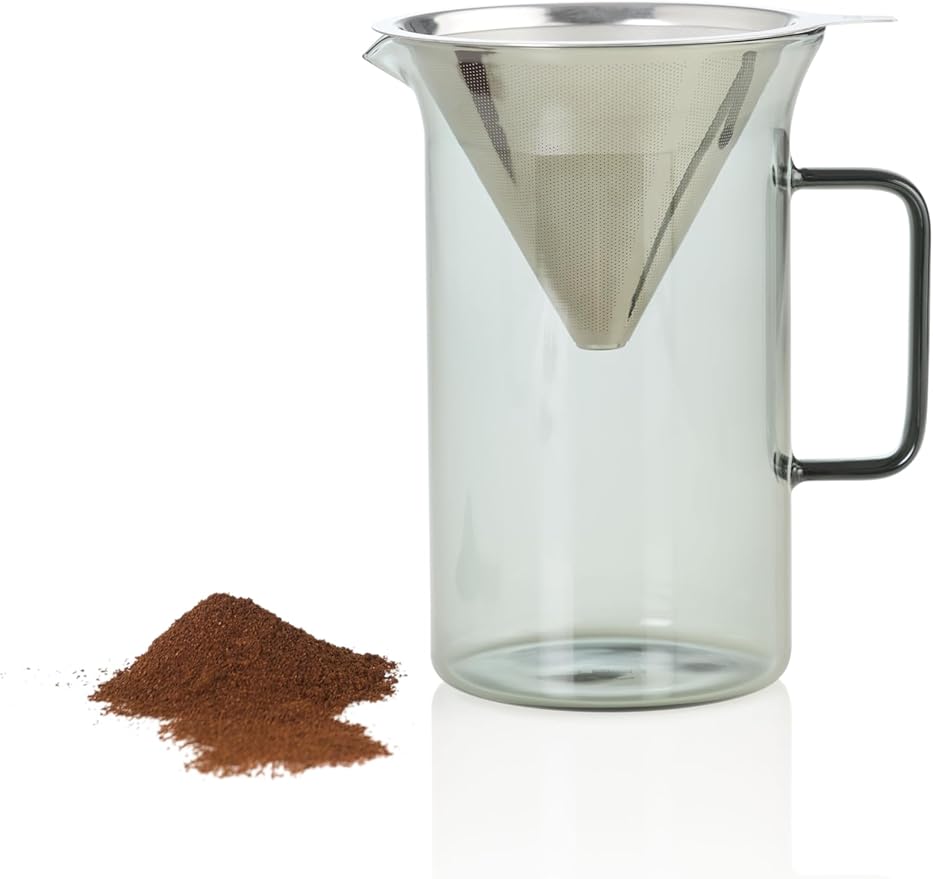 AdHoc Pour Over Coffee Maker - Manual Brewer for Ground Coffee - Reusable Stainless Steel Filter - Heat-Resistant Glass Coffee Dripper - Dishwasher Safe