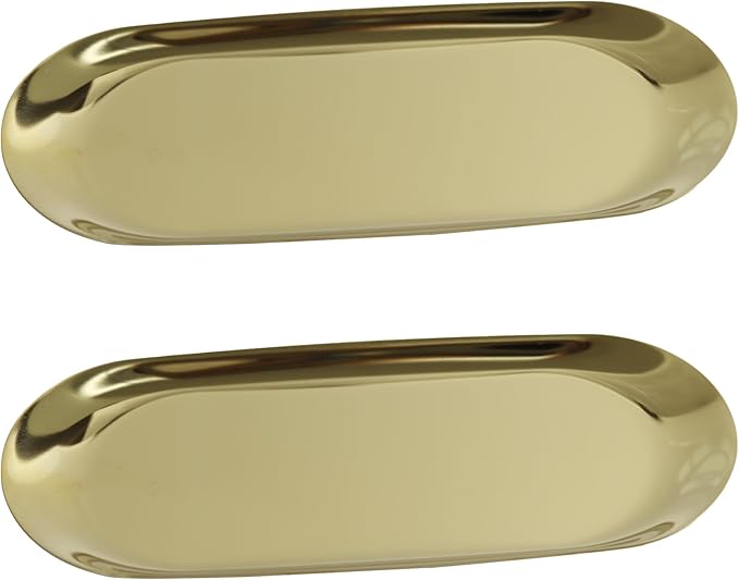2Pcs 9x4inch Stainless Steel Decorative Trays, Oval Jewelry Dish Cosmetics Organizer, Gold Serving Platter for Bathroom Vanity Dresser Storage