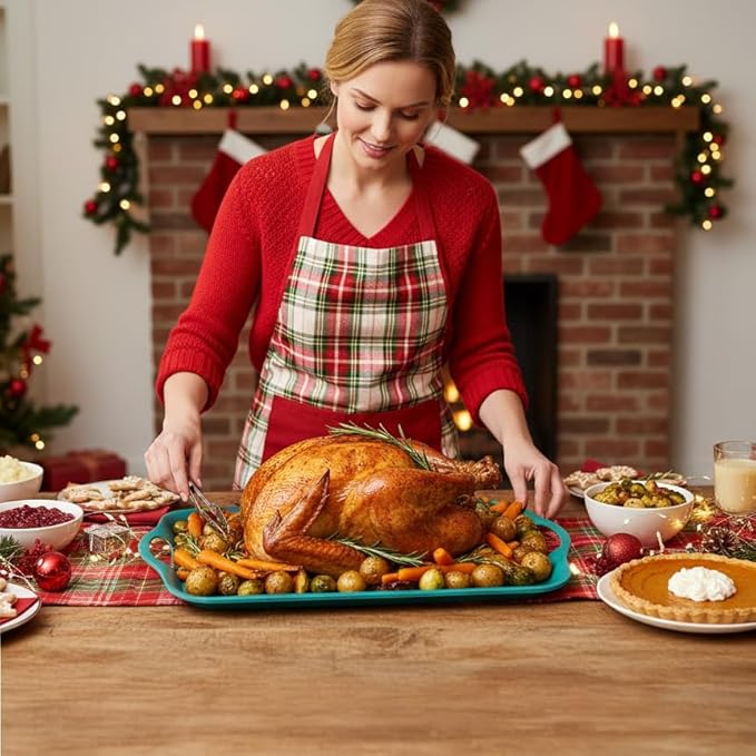 KINGEN 2-Pack Evergreen Serving Trays -18×13-inch Extra Large w/Handles Tray, Holiday Platters for Holiday Buffets, BBQ, Party Serving, Christmas Dinner Green Designed for Christmas (Bamboo Fiber)