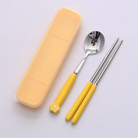 Cute Silverware Set, Cat Paw Ceramic Handle Dinnerware Set Flatware Kitchen Accessories Camping Travel Sets Fork Spoon Chopstick Portable Cutlery Sets with Case, Black Pink Blue Yellow Green