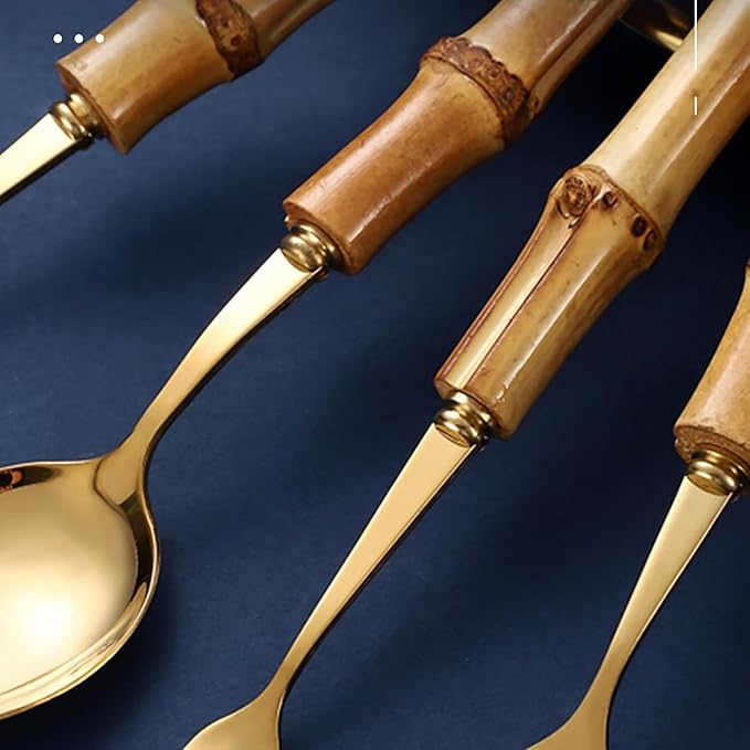 30-piece bamboo flatware cutlery set for 6, gold bamboo handle silverware set, 18/8 stainless steel cutlery set reusable with forks and spoons, dishwasher safe