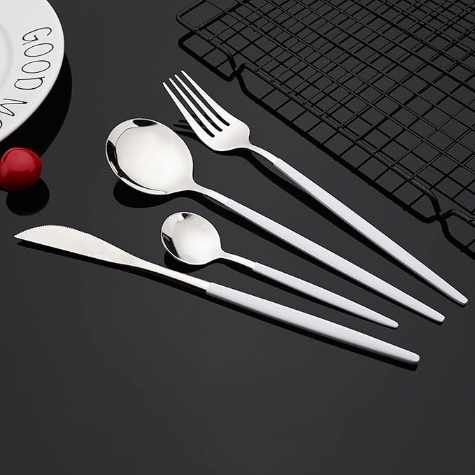 JASHII 24-piece Forks and Spoons Silverware Set with Stand, Metal Tableware Cutlery Set White and Silver Plated Stainless Steel Flatware Set,Service for 6,Mirror Polished