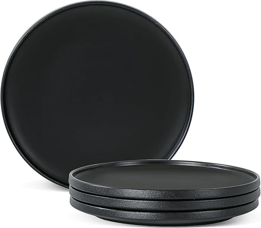 Ceramic Dinner Plates, 10.25 Inch Flat Dish Set for 4, Perfect for Family and Entertaining, Microwave & Dishwasher Safe, Dinner Dishes for Steak, Sandwiches, Pizza, Pasta, Modern Black