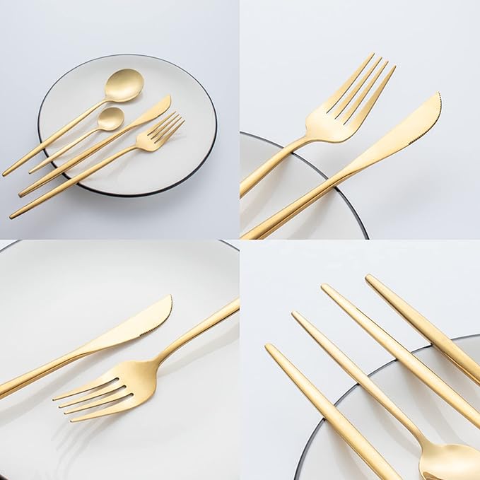 24Pcs Gold Silverware Set, Stainless Steel Flatware Serving Set, Knife Fork Spoon Set for Families, Hotels, Dessert Shops, Wedding Banquets