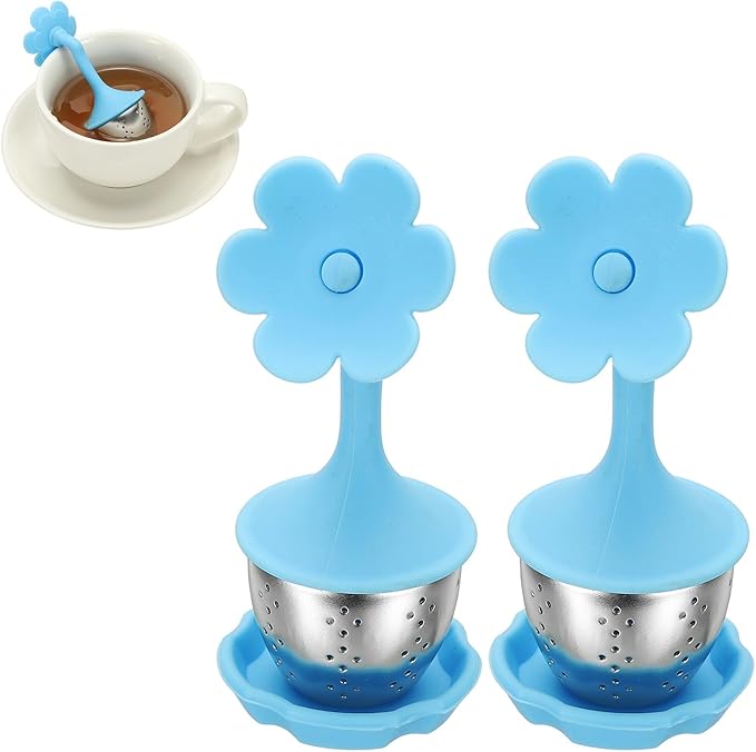 uxcell 2 Pcs Flower Tea Infuser, Stainless Steel Loose Leaf Tea Steeper Filter with Silicone Handle Reusable Coarse Pores Mesh Strainer Diffuser for Teacups Teapots Mugs, Blue