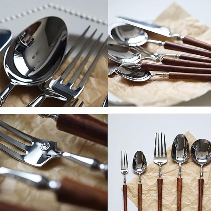 48 Piece Silverware Set Service for 8,Imitation Wooden Handle Steel Flatware Set Vintage Embossed Cutlery Utensil Set Home Kitchen Eating Tableware Set Include Fork Knife Spoon Set Dishwasher Safe