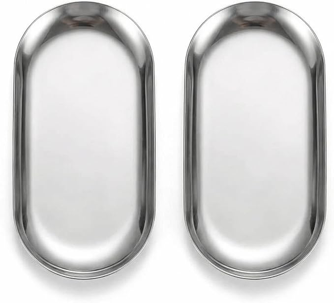 IMEEA 2-Pack Small Oval Tray, 7 x 3.3 Inch Stainless Steel Compact Vanity & Bathroom Counter Organizer for Jewelry, Perfume, Keys