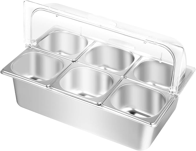 Countertop Food Serving Display, 6 Pans Food Serving Tray Stainless Steel Ice Food Serving Display Tray with Lid for Restaurants and Hotels 21 x 13 x 13 Inch