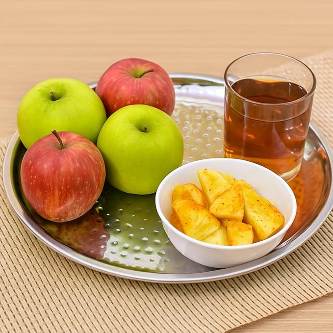 Set of 2 Stainless Steel Hammered Serving Trays – 11.5 Inch Round Platter for Fruit, Snacks, Tea – Mirror Finish, Rust-Proof, Dishwasher Safe – Kitchen & Gifting Tray Set