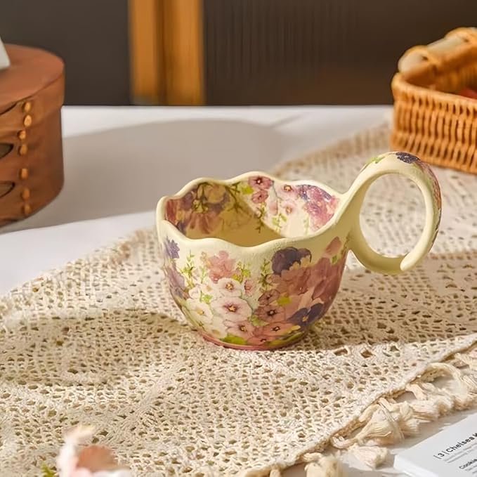 16.91oz/500ml Handpainted Soup Bowl with Handle,Ceramic Cereal Bowl Microwave & Dishwasher Safe,Loop Handle Bowl Great for Soup,Yogurt,Snack,Chip,Stew,Ice Cream,Coffee (Hollyhock-Yellow)