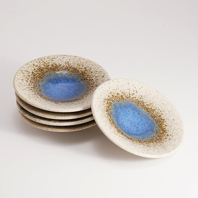 Mino Ware Ceramic Plates Set of 5, 5.5-Inch Japanese Small Appetizer & Dessert Dishes, Handcrafted Blue Watercolor Glaze Design, Microwave & Dishwasher Safe, Made in Japan
