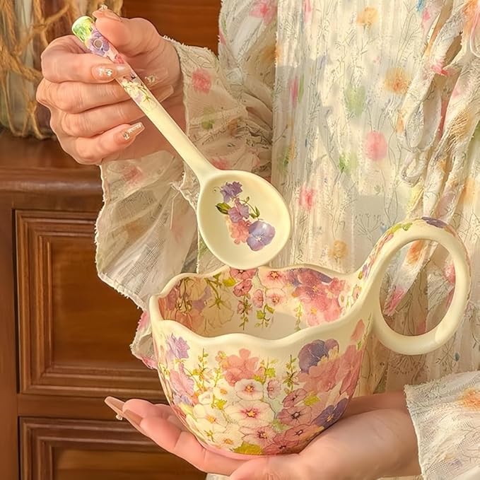 16.91oz/500ml Handpainted Soup Bowl with Handle,Ceramic Cereal Bowl Microwave & Dishwasher Safe,Loop Handle Bowl Great for Soup,Yogurt,Snack,Chip,Stew,Ice Cream,Coffee (Hollyhock-Yellow)