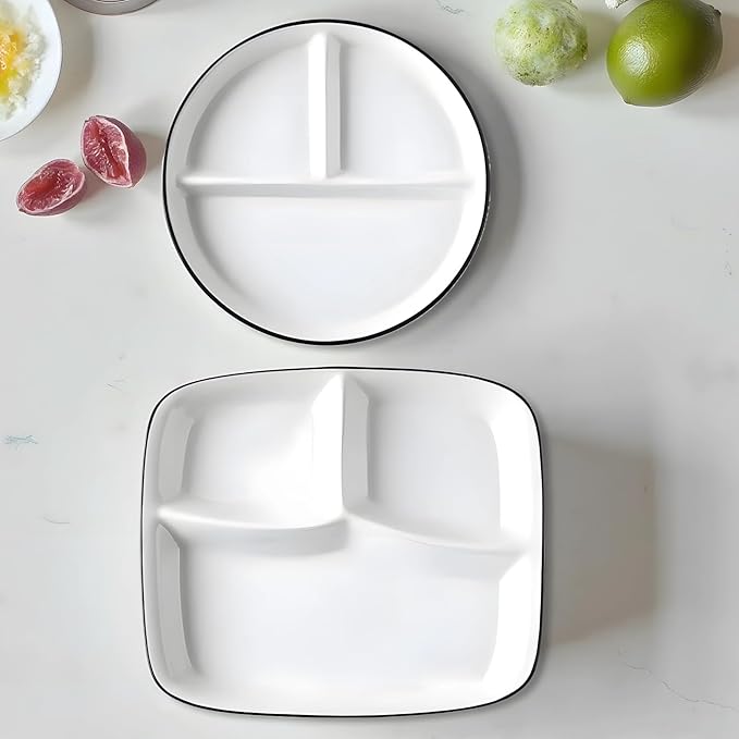 Portion Control Plate Set, 2 Pcs, White Ceramic With Black, 8.1 In & 10.7 In, Sectioned Diet Dishes