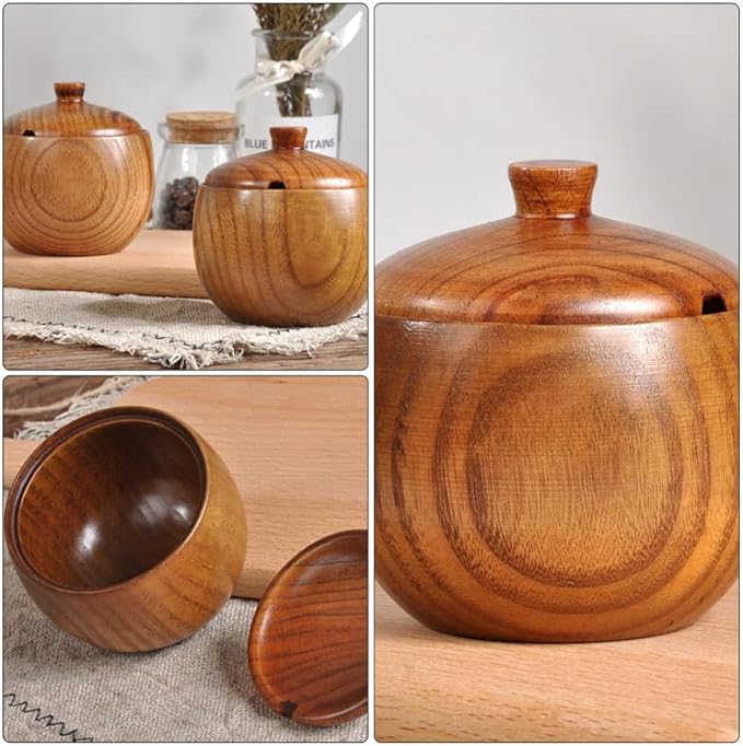 Zerodeko Solid Wood Seasoning Jar with Spoon Wooden Spice Jar with Lid Kitchen Condiment Holder for Table Ceramic Food Container for Salt Truffle and Spices