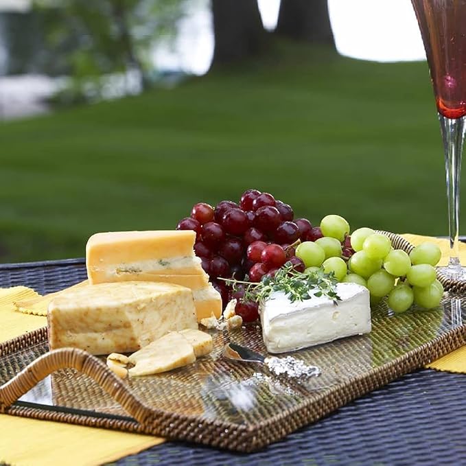 Metr Calaisio, Small Woven Serving Tray with Handles, and Removable Glass Bottom Insert, 13.25"" x 9.5"", PF5S+GL