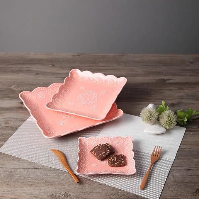 Eplze YBK Tech Elegant Square Embossed Lace Plate Bone China Dessert Plate Ceramic Plate for Breakfast Afternoon Tea (Pink, 10-inch)