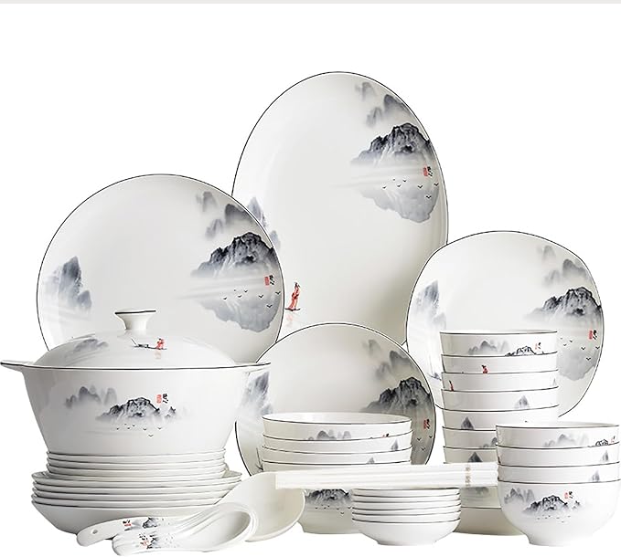 Ceramic Dinnerware Sets for 12 Reusable Tableware Set Chinese Style Dishes Set Ink Painting Serving Plates and Bowls Sets Safe and Healthy Dining Ware Set Plates/Bowls/Spoons and Soup Pot - 60 Piece