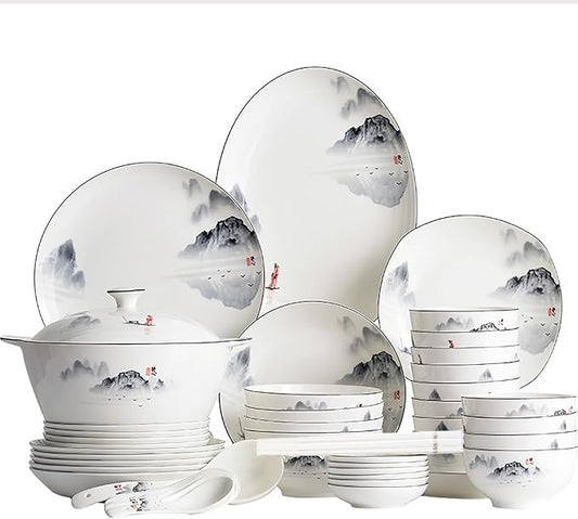 Ceramic Dinnerware Sets for 12 Reusable Tableware Set Chinese Style Dishes Set Ink Painting Serving Plates and Bowls Sets Safe and Healthy Dining Ware Set Plates/Bowls/Spoons and Soup Pot - 60 Piece