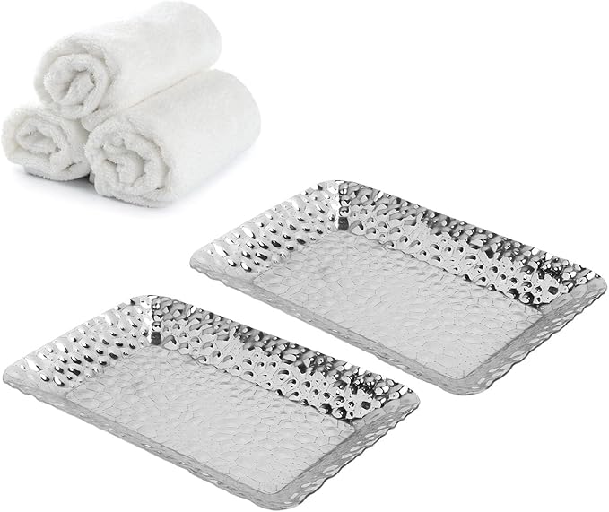 2PCS Rectangular Serving Tray, Stainless Steel Towel Tray Decorative Vanity Plate Hammered Appearance Silver Platter for Kitchen, Bathroom, Bar, Vanity Storage