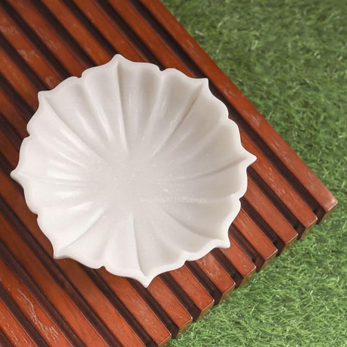 SWADESHI BLESSINGS HandCrafted Marble Lotus Bowl/Organic Modern Home Decor Bowl/Fruit Bowl/Vintage Ring Dish/Decorative Flower Dish/HouseWarming Gifts/Wedding Gifts/Urli (12 Inches)