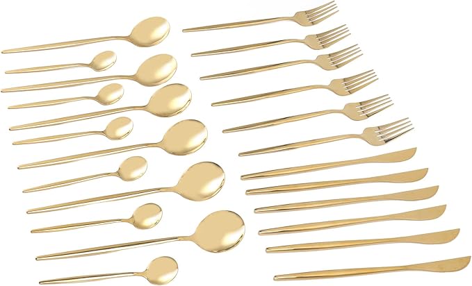 24Pcs Gold Silverware Set,Flatware Serving Sets Knife Fork Spoon Rustproof Stainless Steel Cutlery for Home Party Wedding Banquets