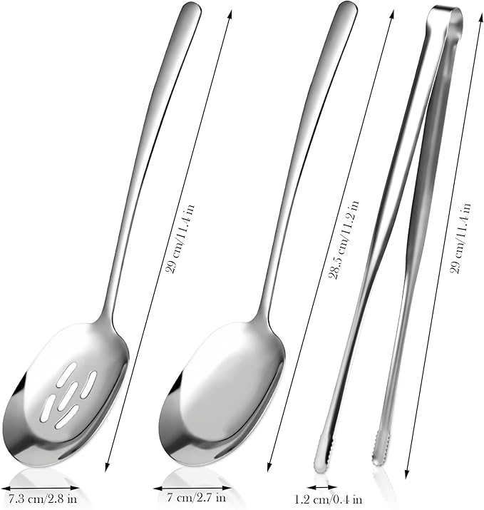 3 PCS Long Handle Stainless Steel Serving Utensils,18/8 Large Serving Spoons Set, Include Serving Spoon,Slotted Spoon,Serving Tong, Kitchen Utensil, for Buffet Catering Banquet, Dishwasher Safe