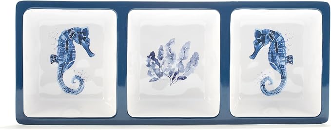 Sea Life Melamine 3-Piece Hostess Serving Set – Coastal Ocean-Themed Chip & Dip Bowl, 3-Section Relish Tray, and Rectangular Platter, Break-Resistant Nautical Tableware, Dishwasher Safe