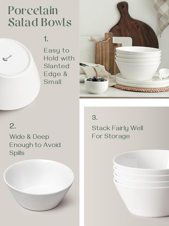 DOWAN 58.5 OZ Large Ceramic Salad Bowls Set of 4 - Microwave & Dishwasher Safe, Ideal for Salad, Fruit, Pasta, Snacks, Oatmeal - Soup Bowls Set for Restaurant, Party, Daily Use, Wedding, Soft White