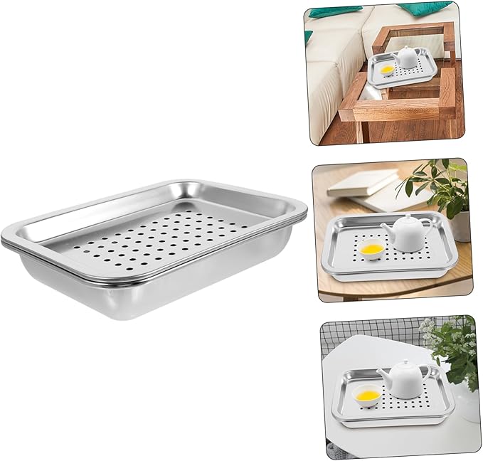 Home Kitchen Metal Tea Serving Tray Stainless Steel Teacup Holder Stacking Design