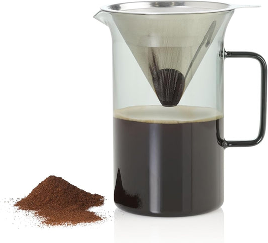 AdHoc Pour Over Coffee Maker - Manual Brewer for Ground Coffee - Reusable Stainless Steel Filter - Heat-Resistant Glass Coffee Dripper - Dishwasher Safe
