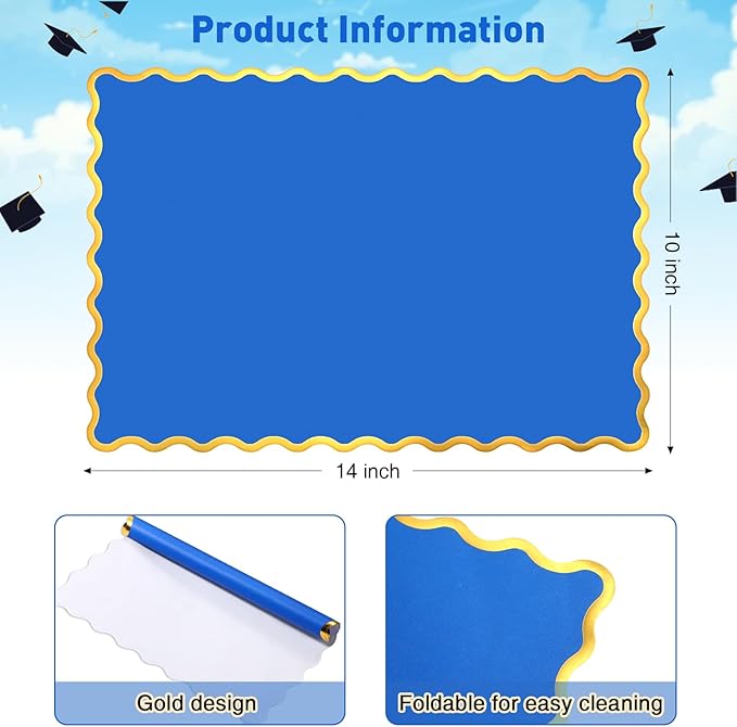 150 Pcs Disposable Paper Placemats Bulk 10"x14" Rectangle Place Mats with Scalloped Edges Dining Table Mat for Wedding Birthday Easter Party Table Decoration(Blue)