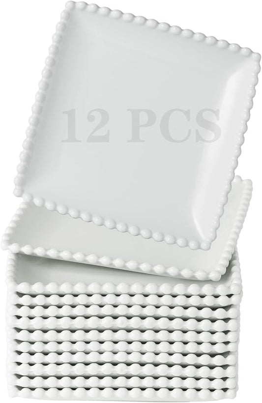 TAMAYKIM 6 Inch Porcelain Dessert Plates, Appetizer Plates, Square Shape Small Dinnerware Sets, Scratch Resistant, Microwave, Oven, and Dishwasher Safe, White with Pearl Dots, 12 Pieces
